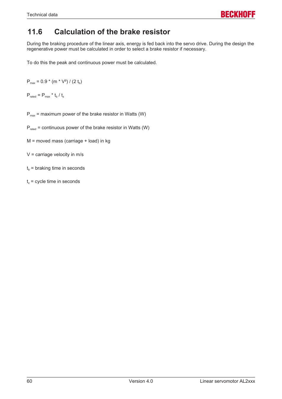 6 calculation of the brake resistor | BECKHOFF AL2000 Linear servomotor User Manual | Page 60 / 61
