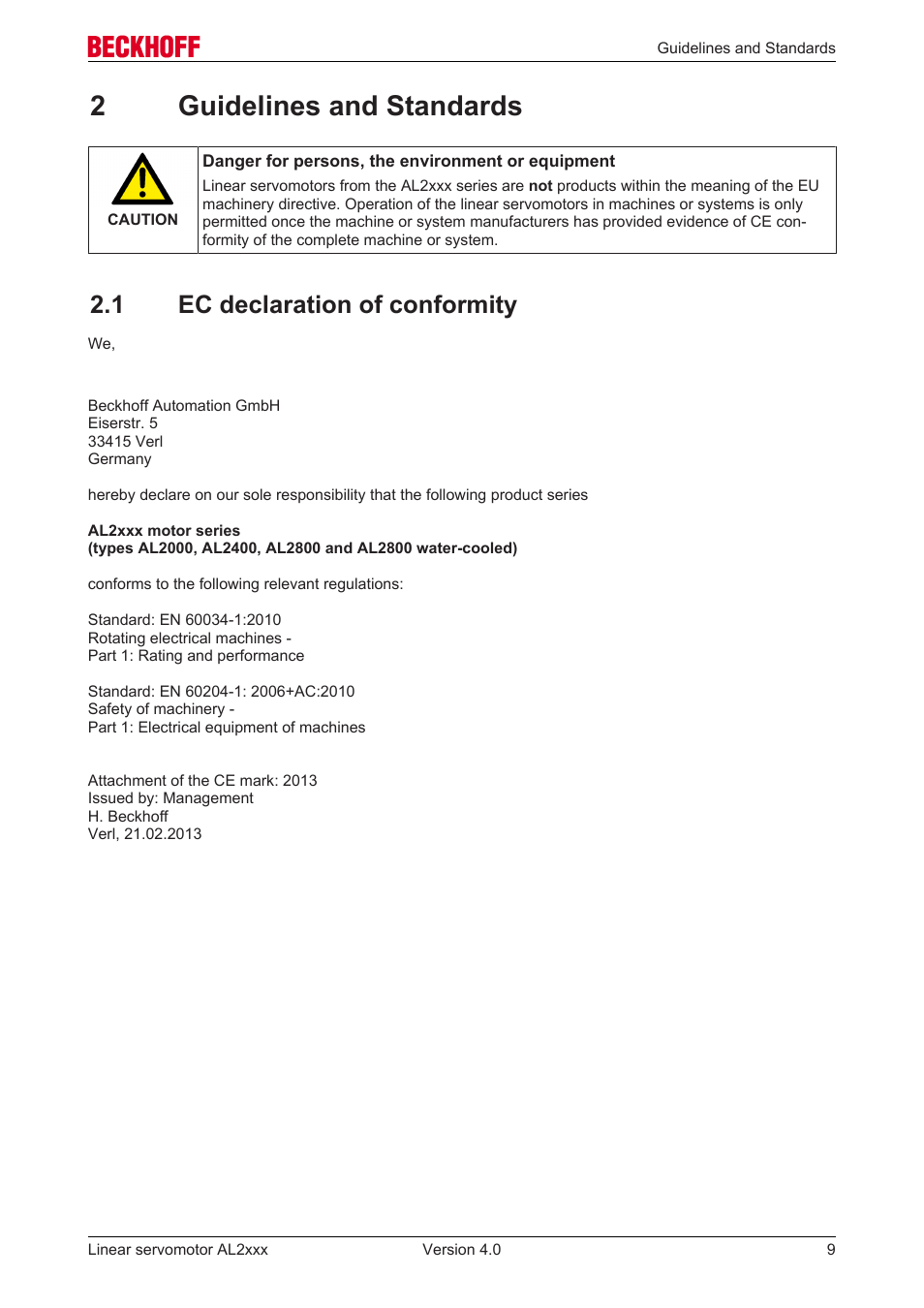2 guidelines and standards, 1 ec declaration of conformity, 2guidelines and standards | BECKHOFF AL2000 Linear servomotor User Manual | Page 9 / 61