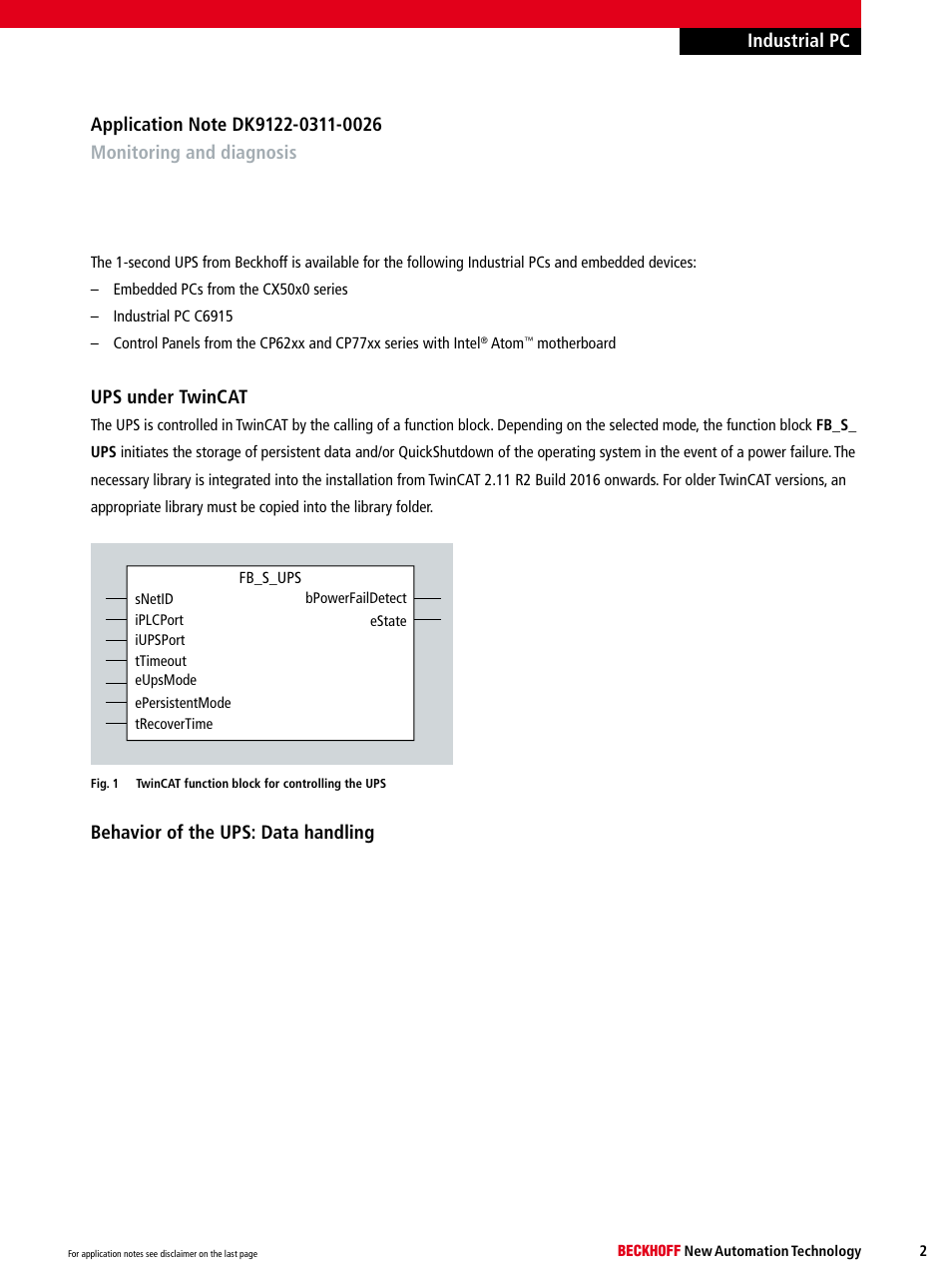 Ups under twincat, Behavior of the ups: data handling | BECKHOFF DK9122-0311-0026 User Manual | Page 2 / 6