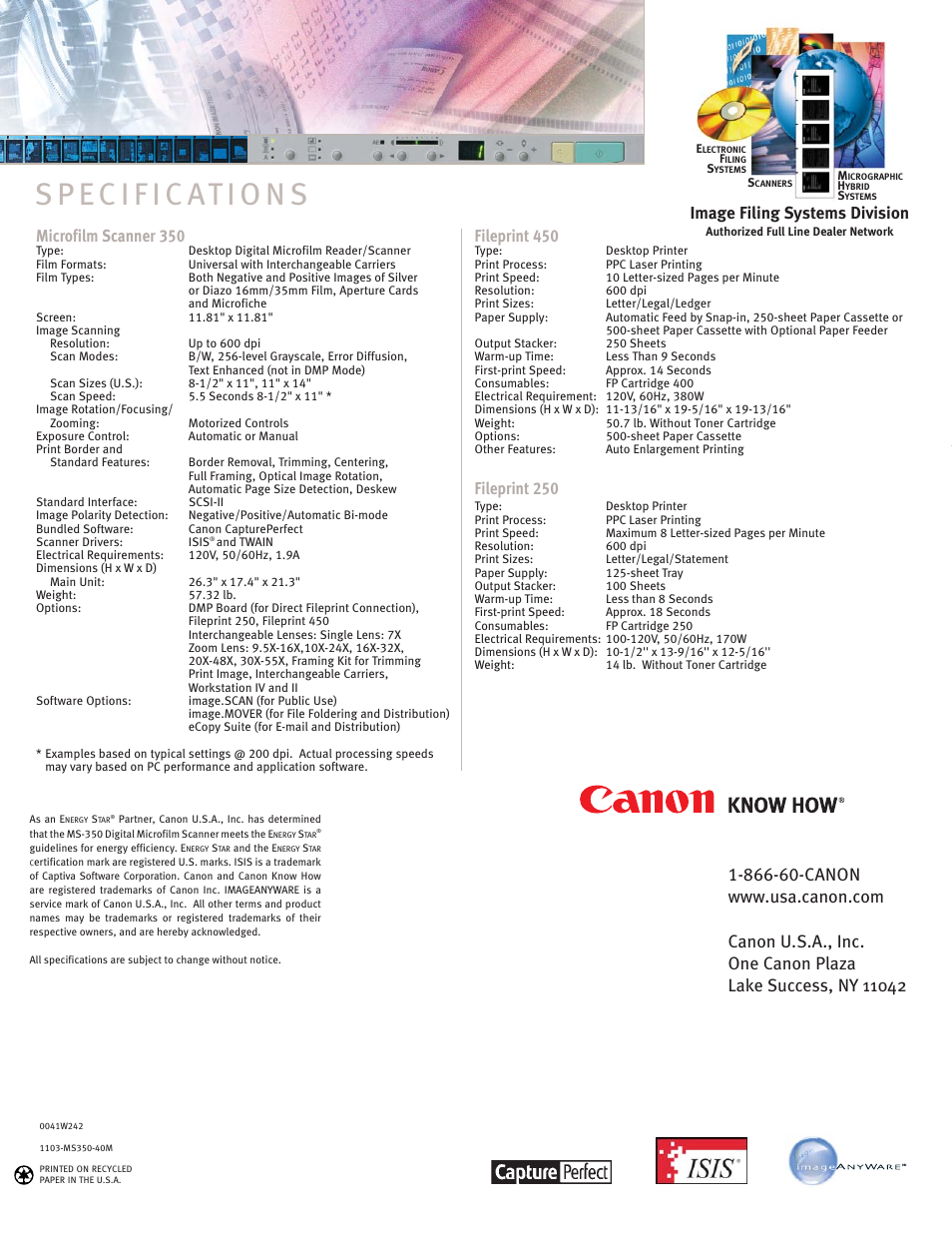 Microfilm scanner 350, Fileprint 450, Fileprint 250 | Image filing systems division | Canon MS-350 User Manual | Page 4 / 4