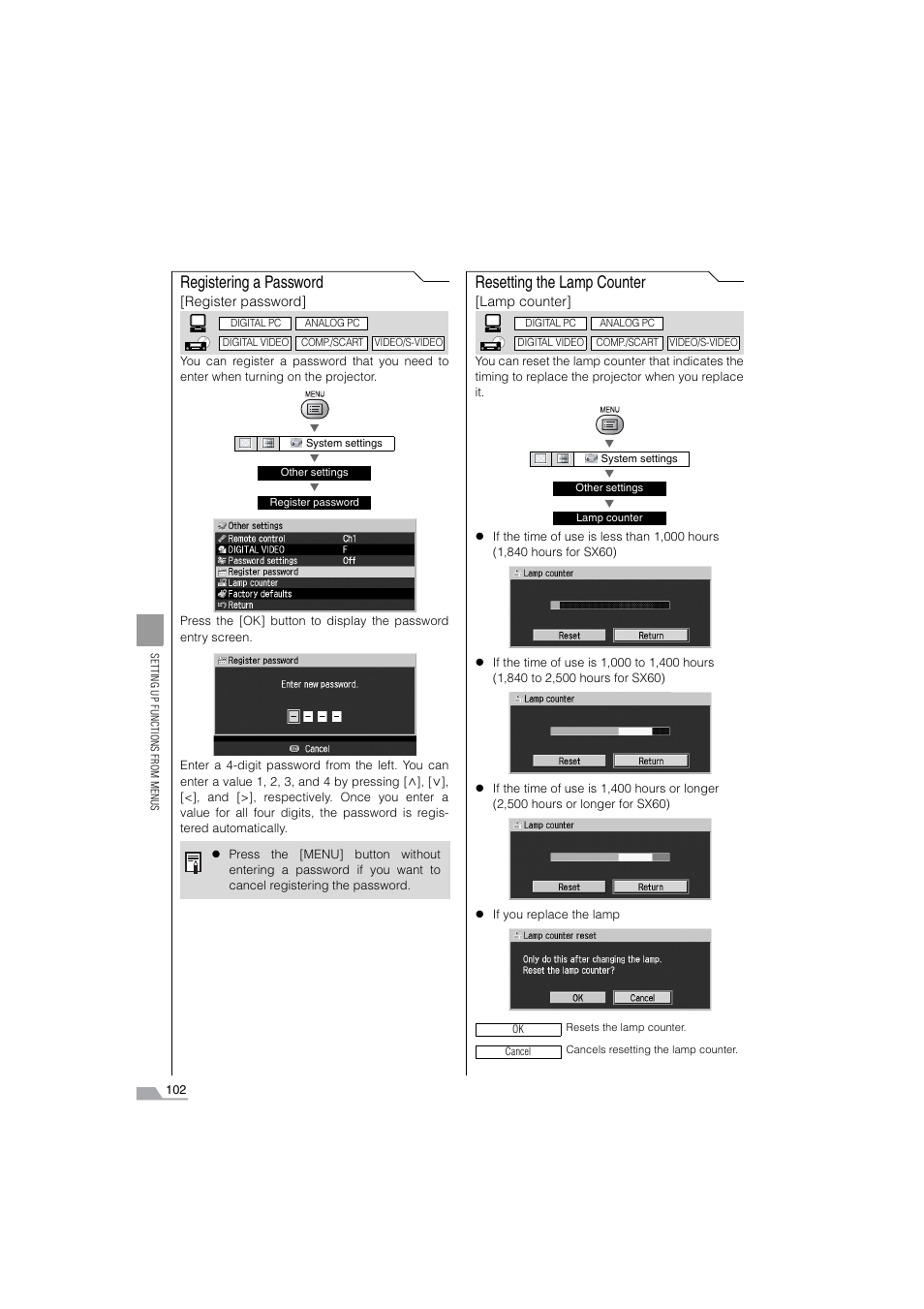 Registering a password, Resetting the lamp counter | Canon SX6 User Manual | Page 102 / 133