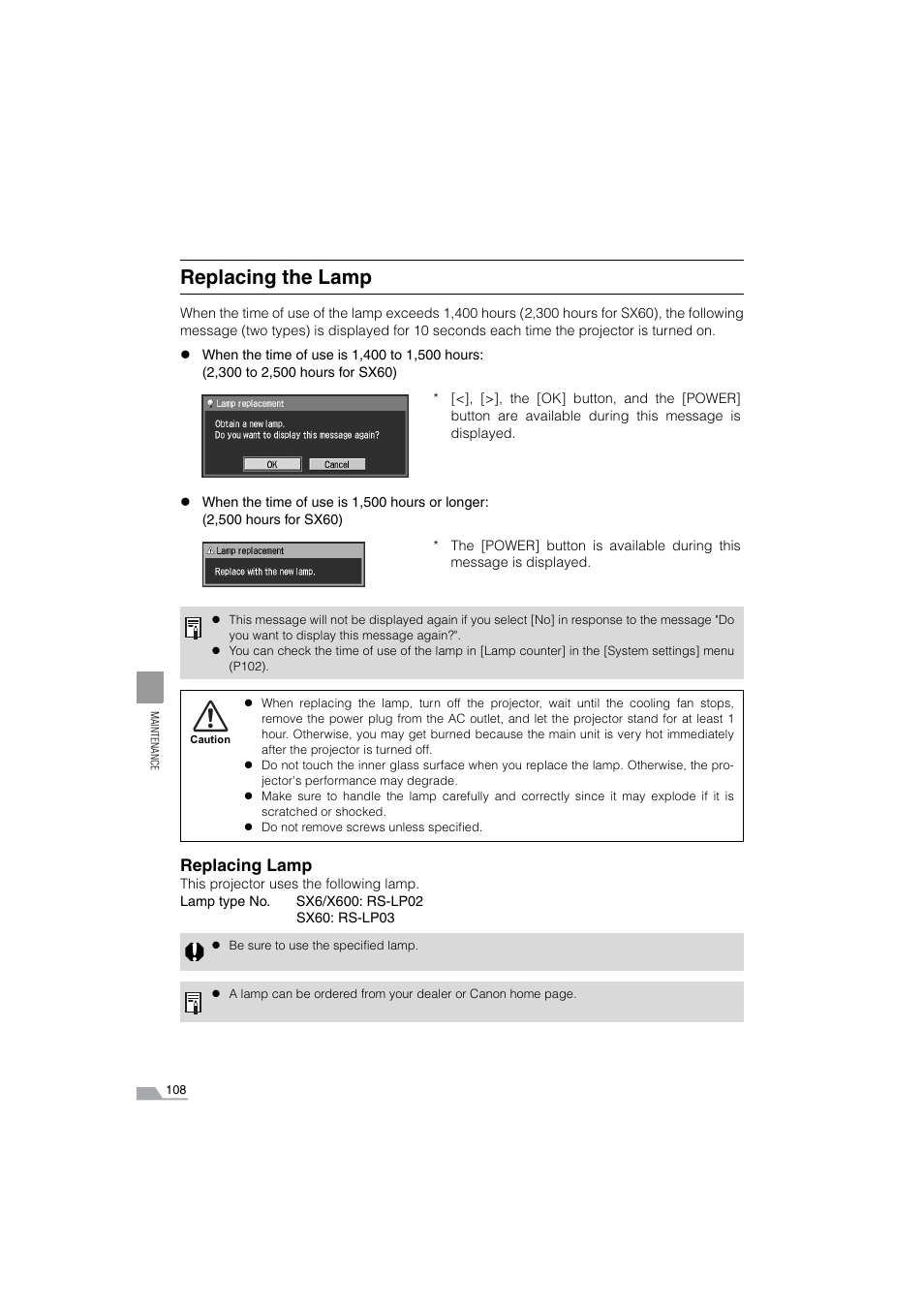 Replacing the lamp, Replacing lamp | Canon SX6 User Manual | Page 108 / 133