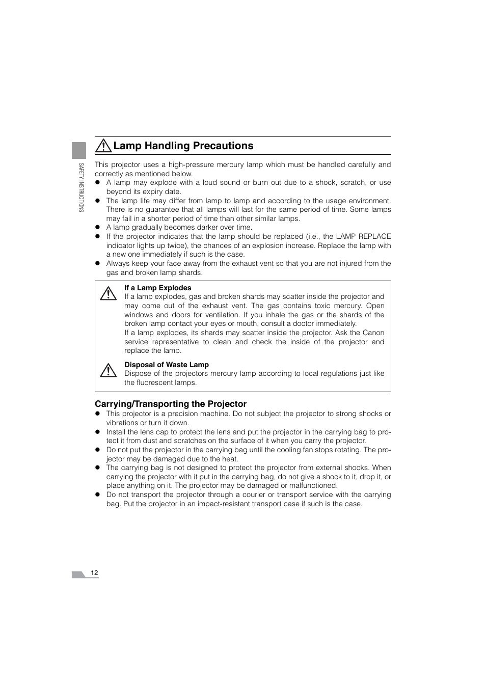 Lamp handling precautions | Canon SX6 User Manual | Page 12 / 133