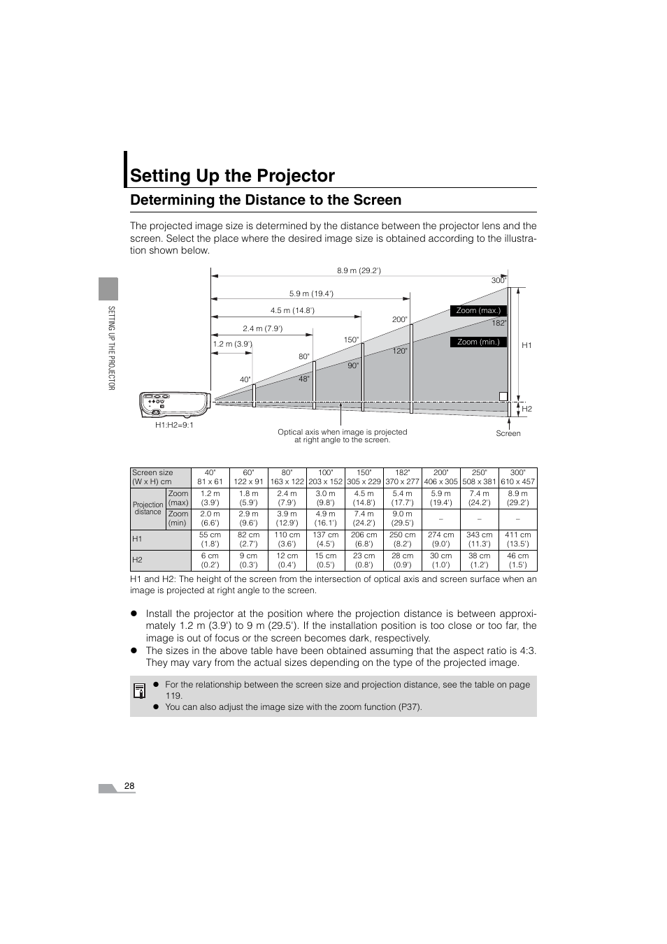 Determining the distance to the screen, Setting up the projector | Canon SX6 User Manual | Page 28 / 133