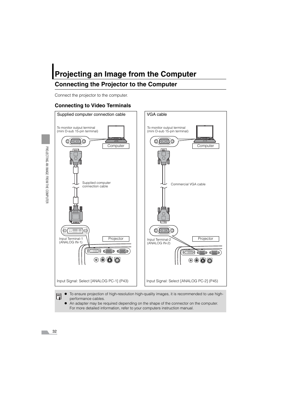 Connecting the projector to the computer, Projecting an image from the computer, Connecting to video terminals | Canon SX6 User Manual | Page 32 / 133