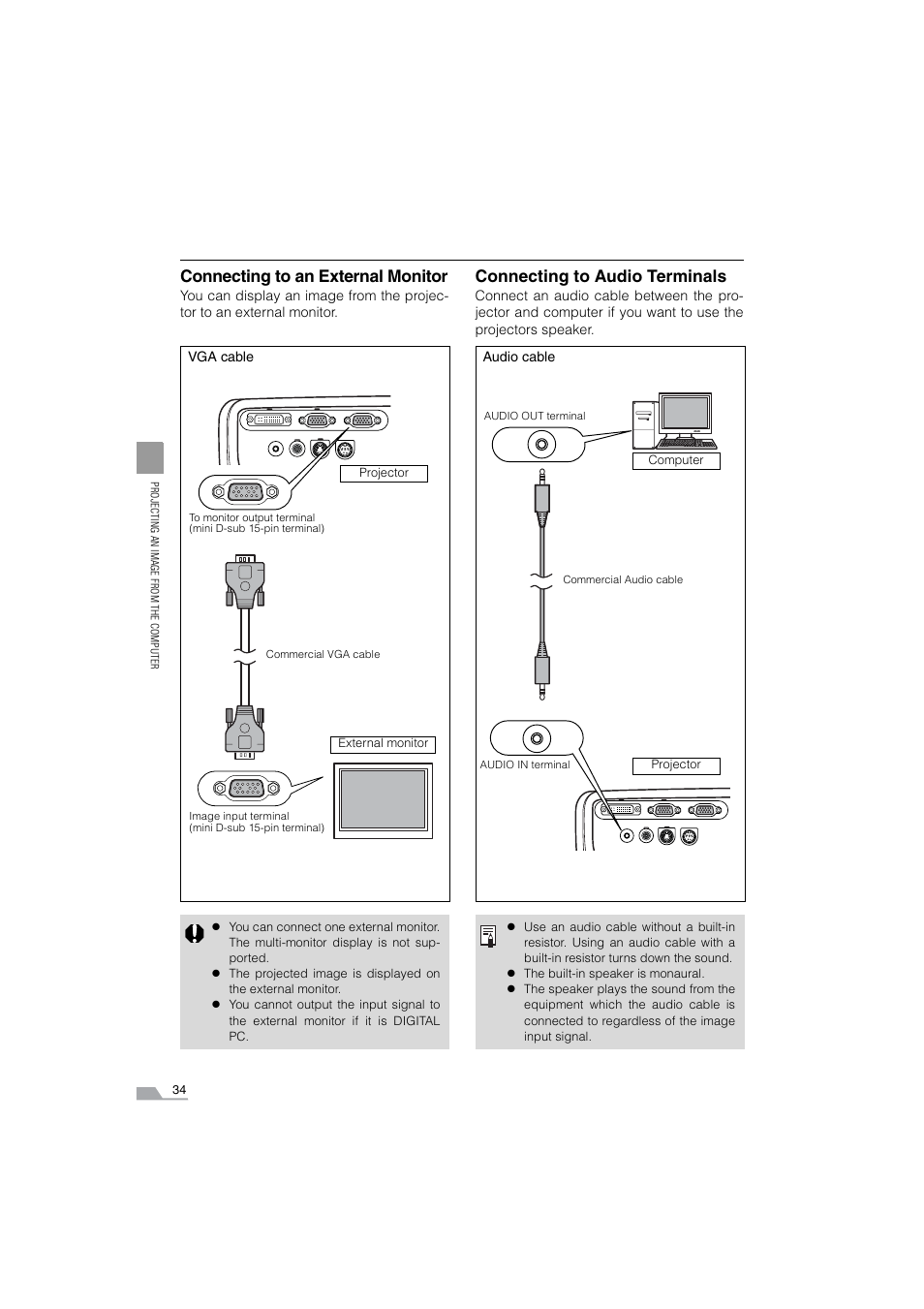 Connecting to an external monitor, Connecting to audio terminals | Canon SX6 User Manual | Page 34 / 133