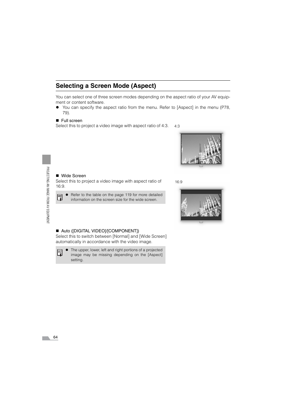 Selecting a screen mode (aspect) | Canon SX6 User Manual | Page 64 / 133