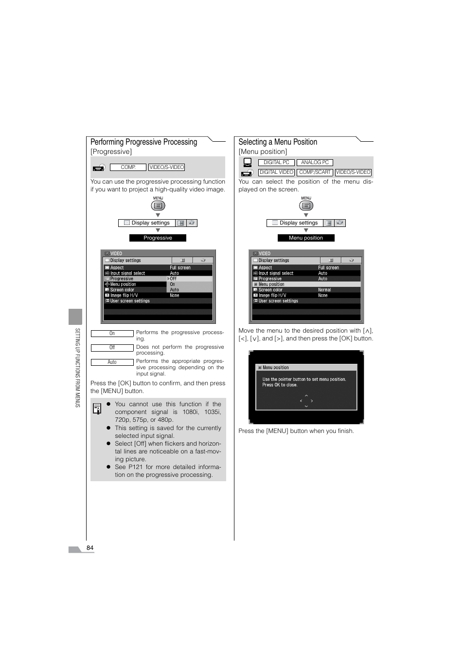 Performing progressive processing, Selecting a menu position | Canon SX6 User Manual | Page 84 / 133