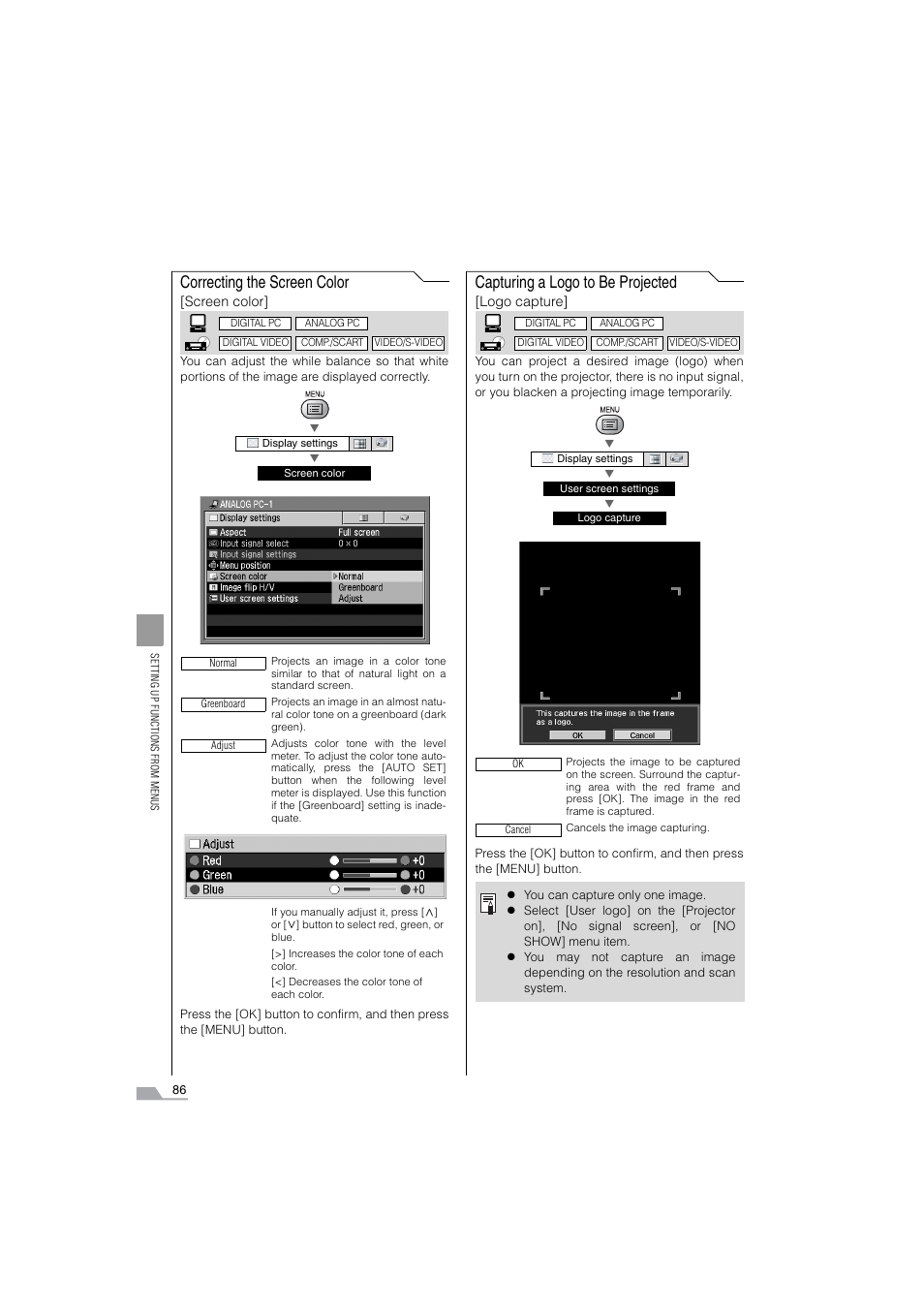 Correcting the screen color, Capturing a logo to be projected | Canon SX6 User Manual | Page 86 / 133