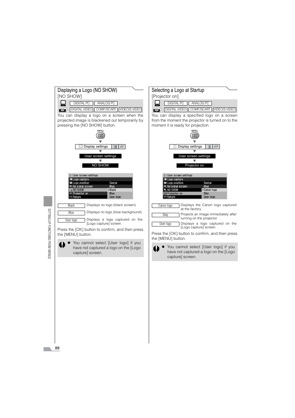 Selecting a logo at startup, Displaying a logo (no show) | Canon SX6 User Manual | Page 88 / 133