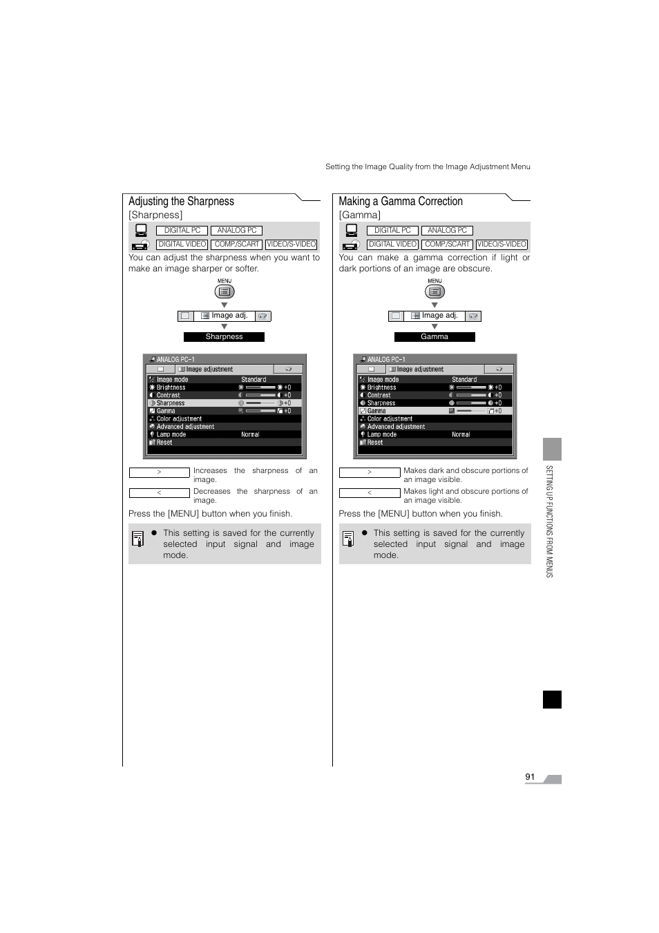 Sharpness, Gamma correction, Adjusting the sharpness | Making a gamma correction | Canon SX6 User Manual | Page 91 / 133