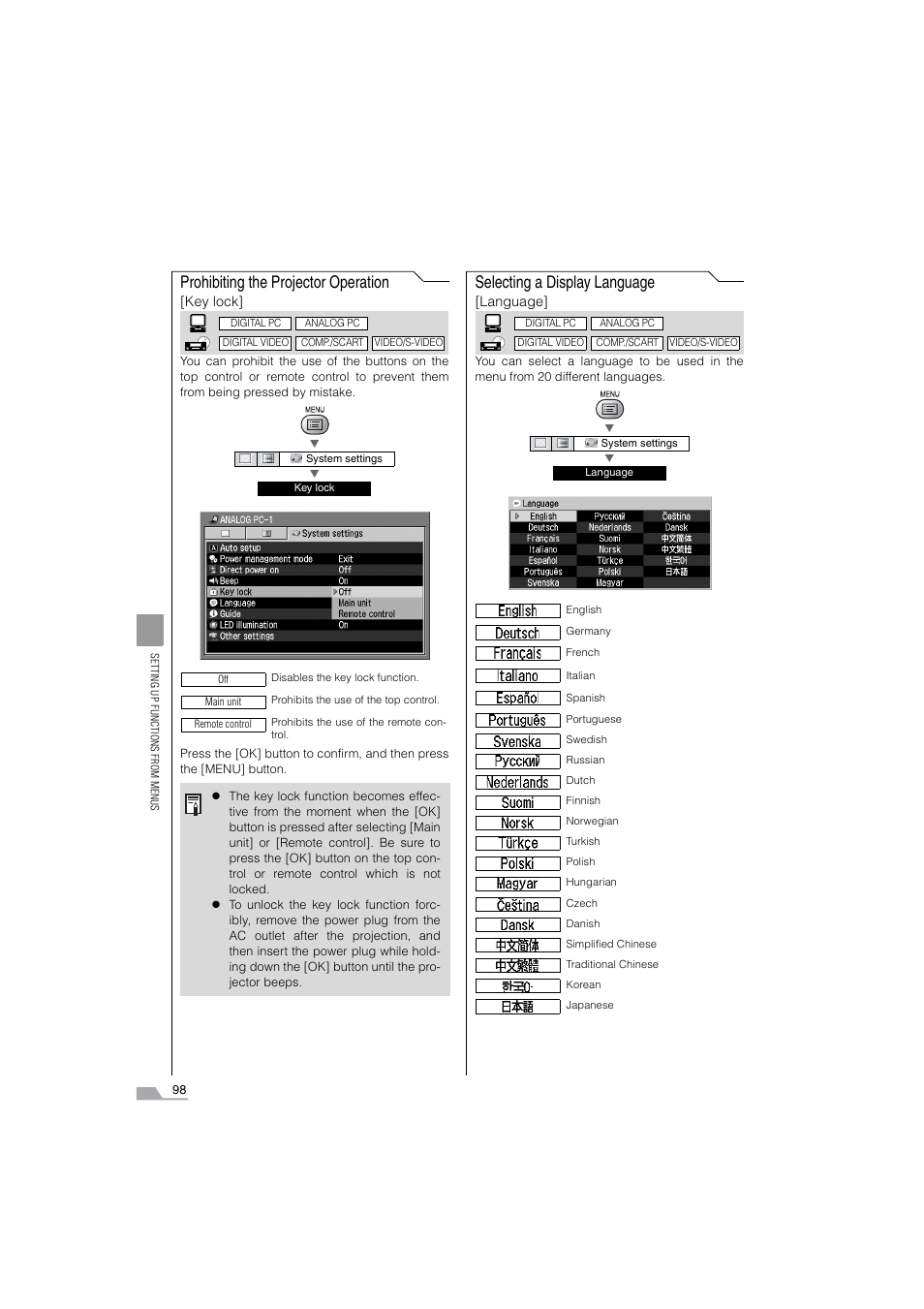 Prohibiting the projector operation, Selecting a display language | Canon SX6 User Manual | Page 98 / 133