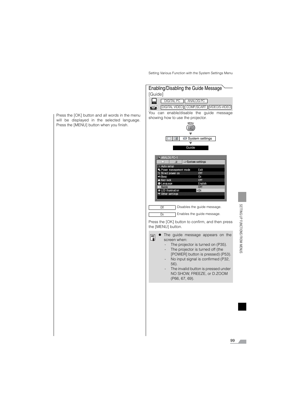 Enabling / disabling the guide message, Enabling/disabling the guide message | Canon SX6 User Manual | Page 99 / 133