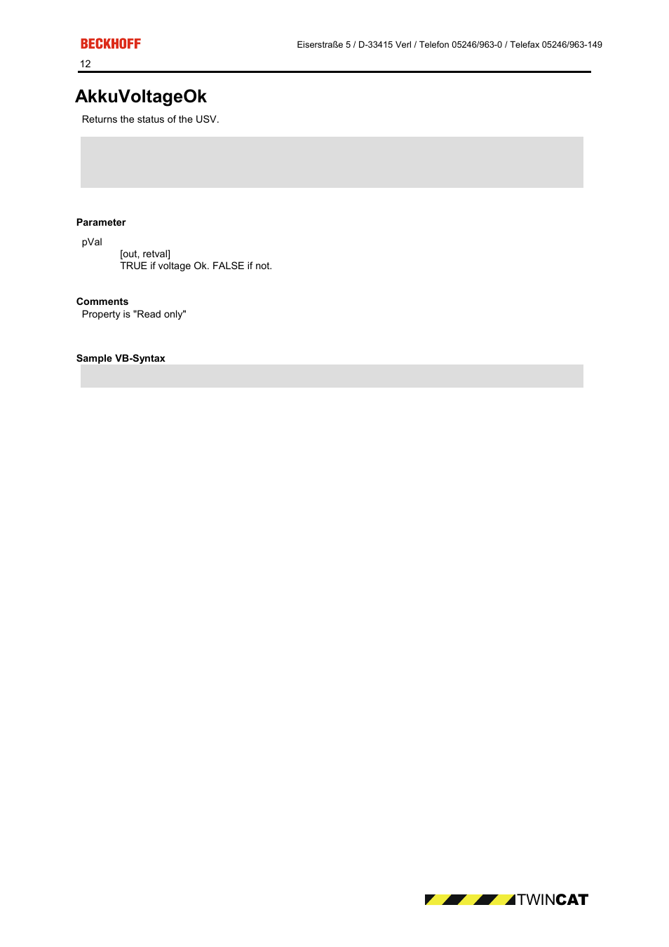 Parameter, Comments, Sample vb-syntax | Akkuvoltageok, Twin cat | BECKHOFF CP9090-S100 User Manual | Page 12 / 45