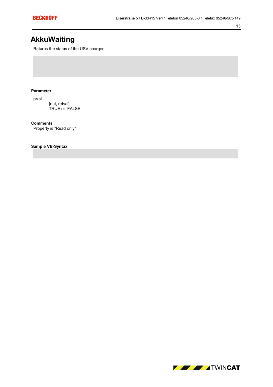 Parameter, Comments, Sample vb-syntax | Ing 13, Akkuwaiting, Twin cat | BECKHOFF CP9090-S100 User Manual | Page 13 / 45
