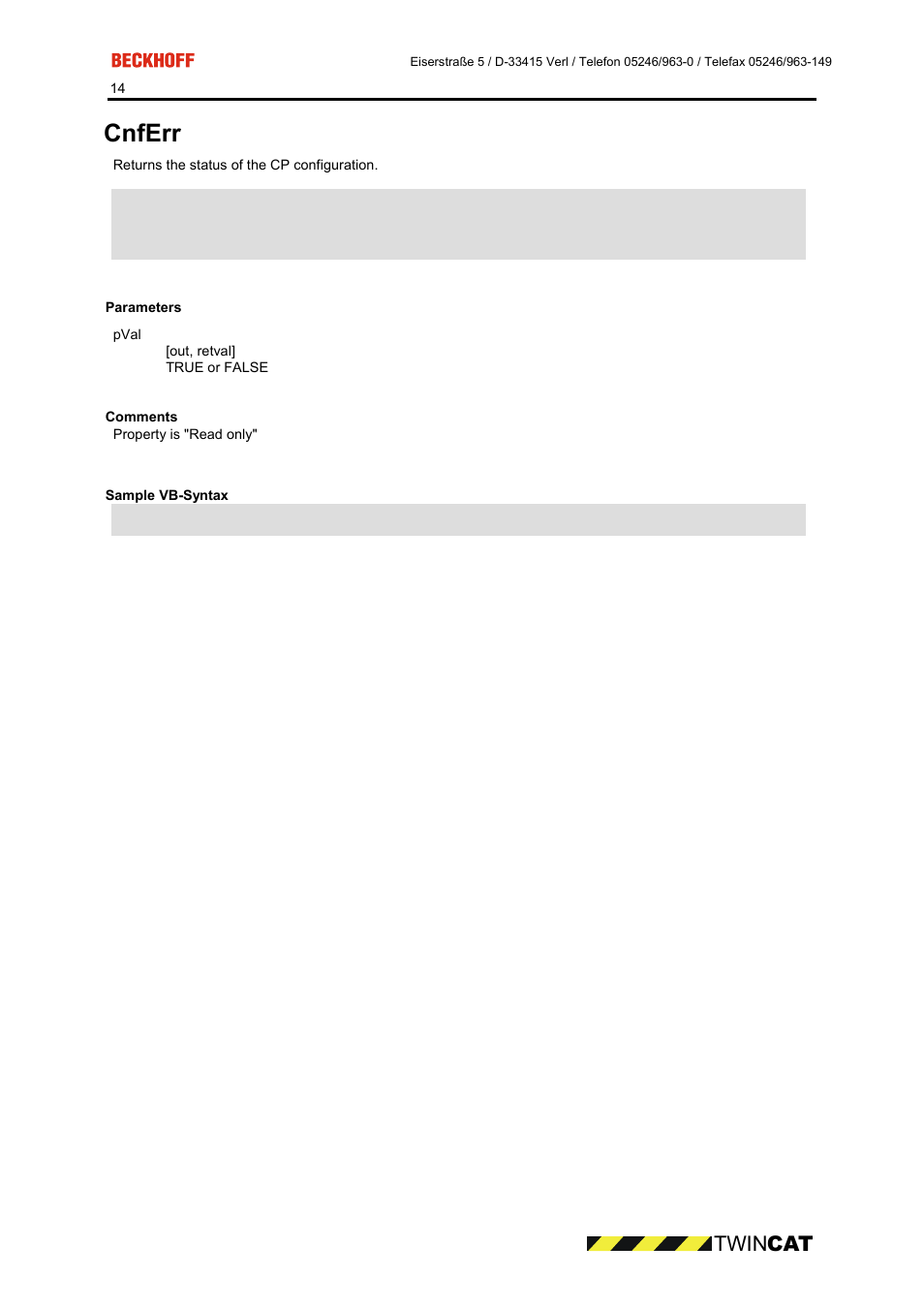Parameters, Comments, Sample vb-syntax | Cnferr 14, Cnferr, Twin cat | BECKHOFF CP9090-S100 User Manual | Page 14 / 45