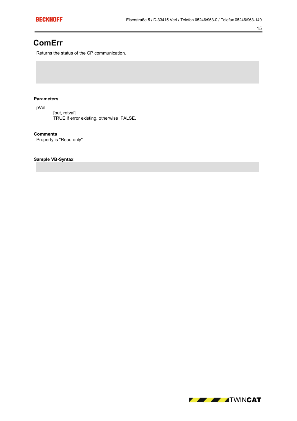 Parameters, Comments, Sample vb-syntax | Comerr 15, Comerr, Twin cat | BECKHOFF CP9090-S100 User Manual | Page 15 / 45