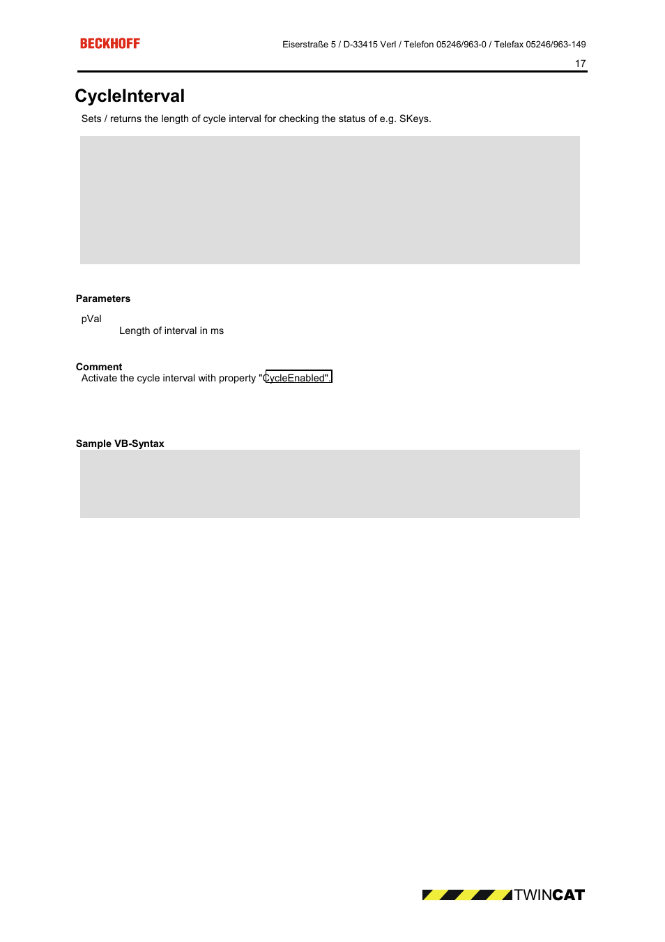 Parameters, Comment, Sample vb-syntax | Cycleinterval, Twin cat | BECKHOFF CP9090-S100 User Manual | Page 17 / 45