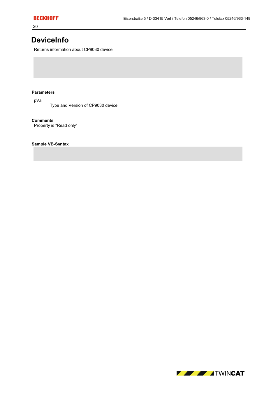 Parameters, Comments, Sample vb-syntax | Deviceinfo, Twin cat | BECKHOFF CP9090-S100 User Manual | Page 20 / 45