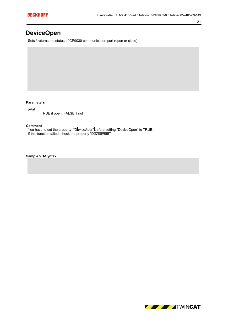 Parameters, Comment, Sample vb-syntax | Ceopen 21, Deviceopen, Twin cat | BECKHOFF CP9090-S100 User Manual | Page 21 / 45