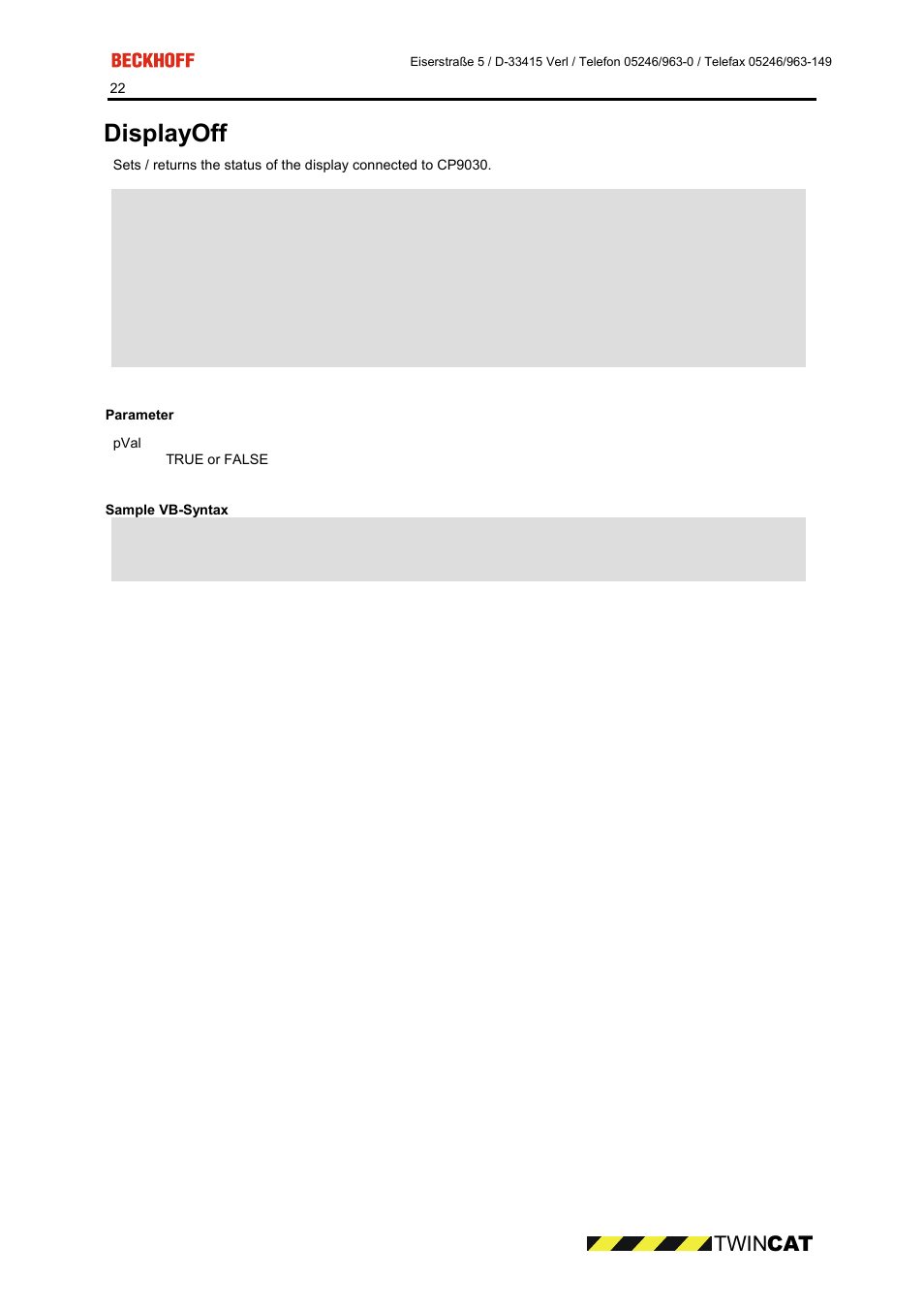 Parameter, Sample vb-syntax, Displayoff | Twin cat | BECKHOFF CP9090-S100 User Manual | Page 22 / 45