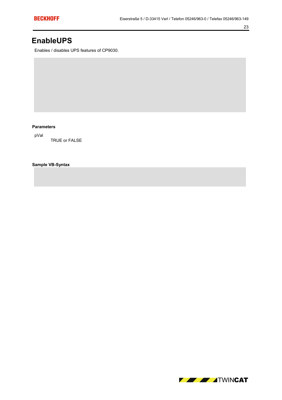 Parameters, Sample vb-syntax, Enableups | Twin cat | BECKHOFF CP9090-S100 User Manual | Page 23 / 45