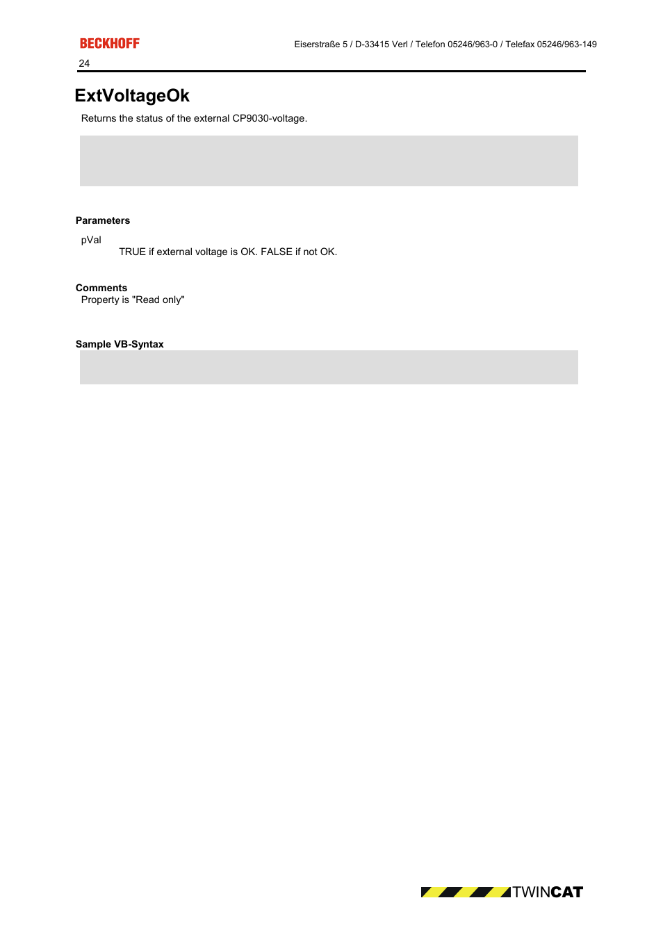 Parameters, Comments, Sample vb-syntax | Ok 24, Extvoltageok, Twin cat | BECKHOFF CP9090-S100 User Manual | Page 24 / 45
