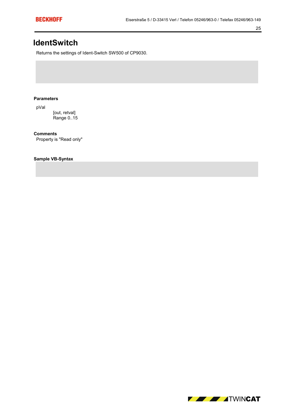 Parameters, Comments, Sample vb-syntax | Identswitch, Twin cat | BECKHOFF CP9090-S100 User Manual | Page 25 / 45