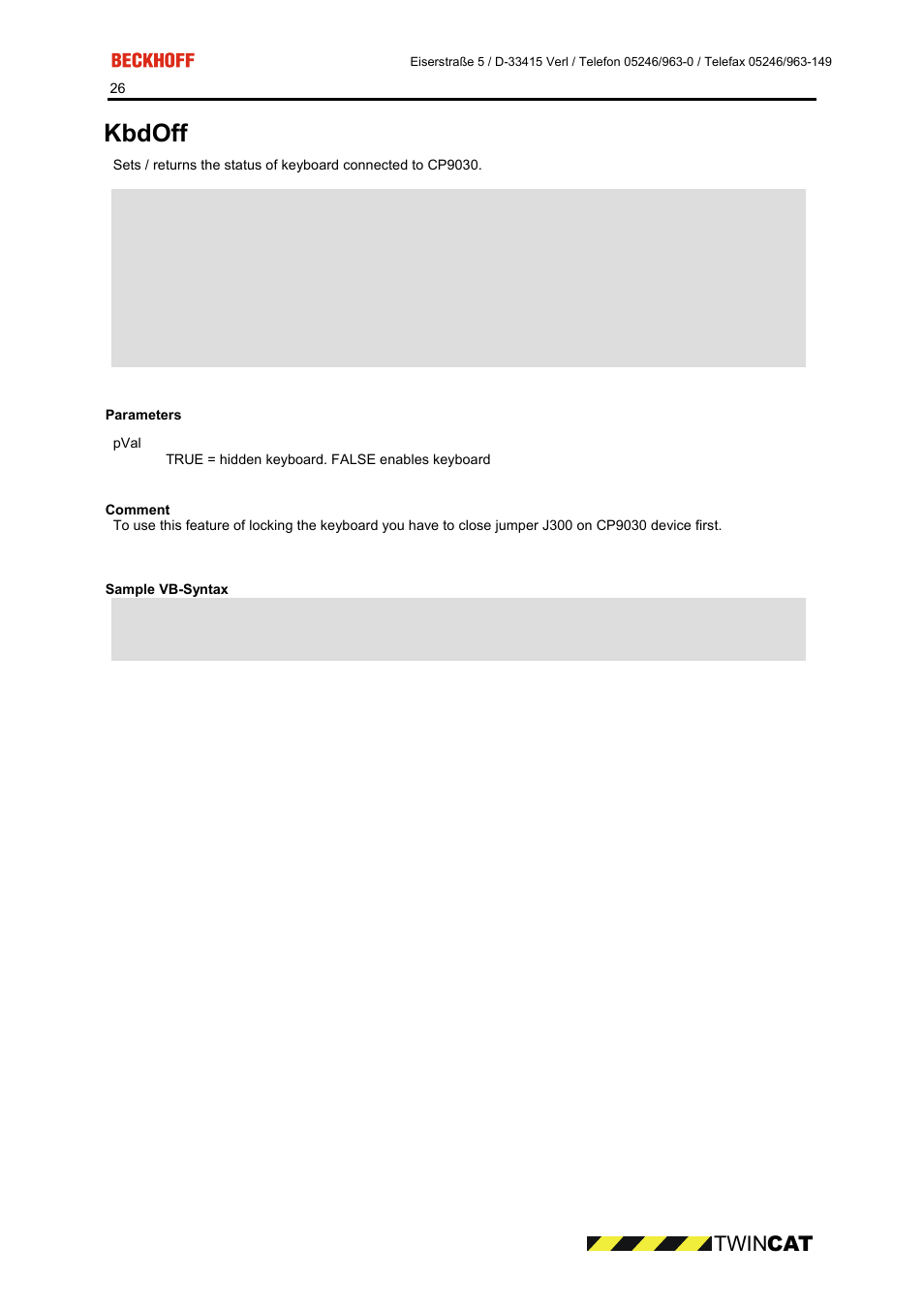 Parameters, Comment, Sample vb-syntax | Kbdoff, Twin cat | BECKHOFF CP9090-S100 User Manual | Page 26 / 45