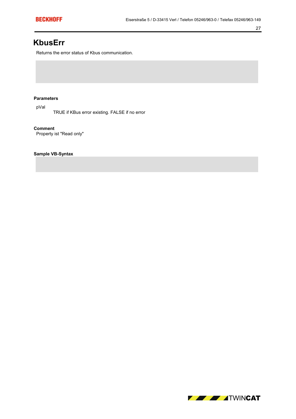 Parameters, Comment, Sample vb-syntax | Kbuserr 27, Kbuserr, Twin cat | BECKHOFF CP9090-S100 User Manual | Page 27 / 45
