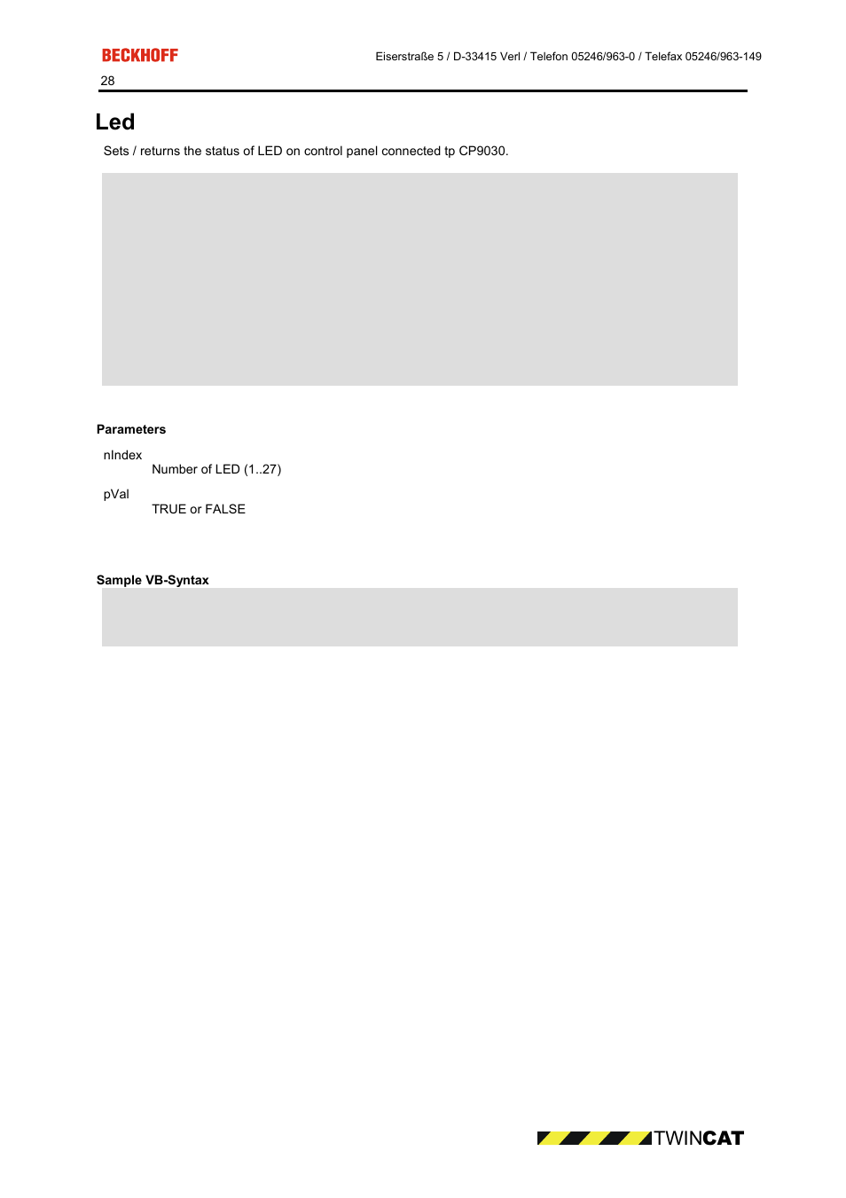 Parameters, Sample vb-syntax, Led 28 | Twin cat | BECKHOFF CP9090-S100 User Manual | Page 28 / 45