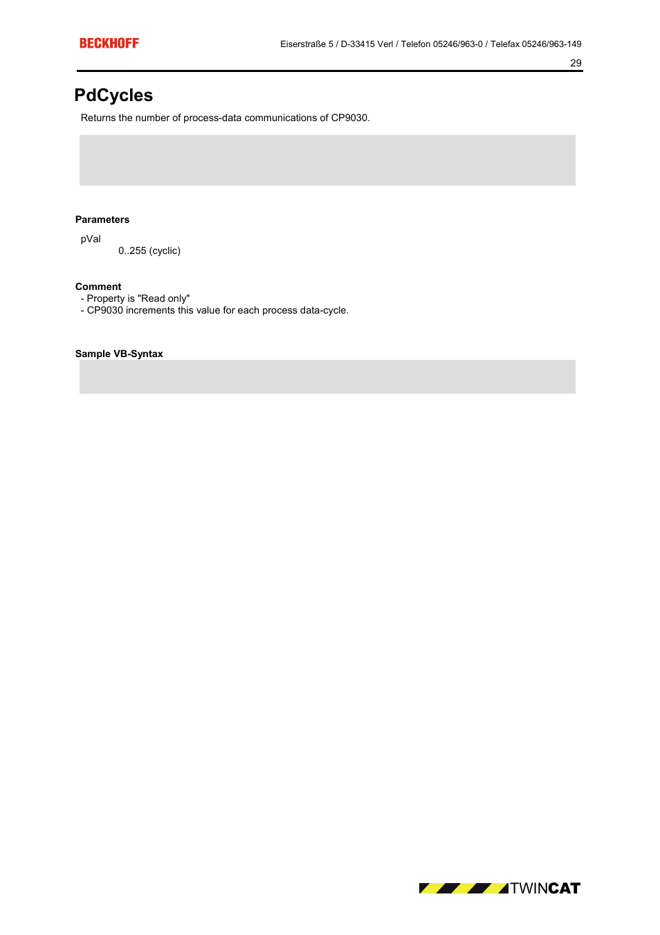 Parameters, Comment, Sample vb-syntax | Cles 29, Pdcycles, Twin cat | BECKHOFF CP9090-S100 User Manual | Page 29 / 45