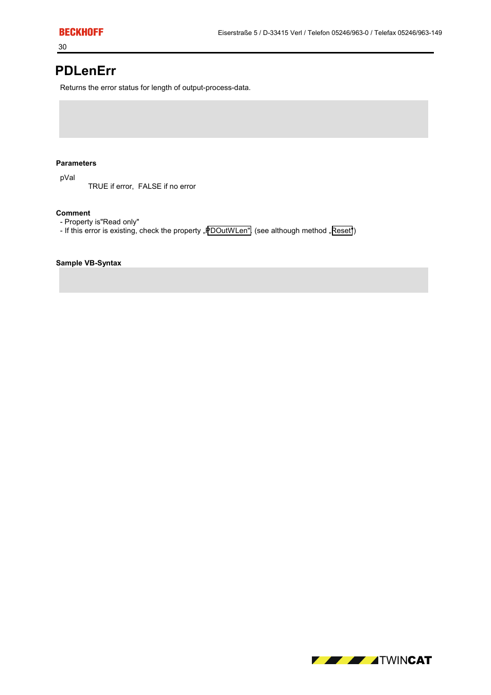 Parameters, Comment, Sample vb-syntax | Pdlenerr, Twin cat | BECKHOFF CP9090-S100 User Manual | Page 30 / 45