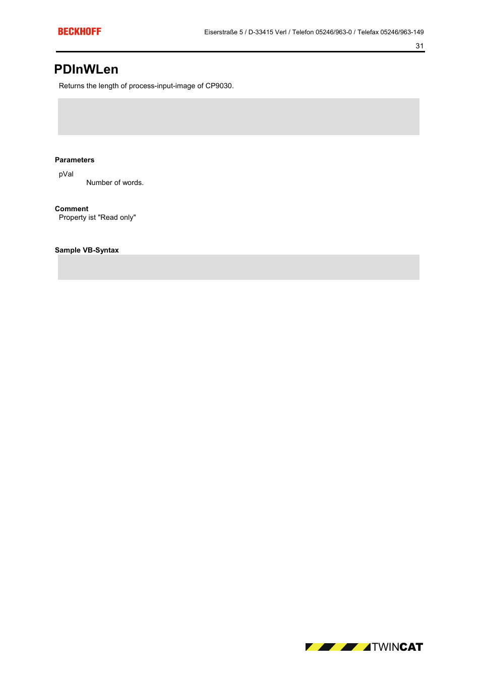 Parameters, Comment, Sample vb-syntax | Pdinwlen, Twin cat | BECKHOFF CP9090-S100 User Manual | Page 31 / 45