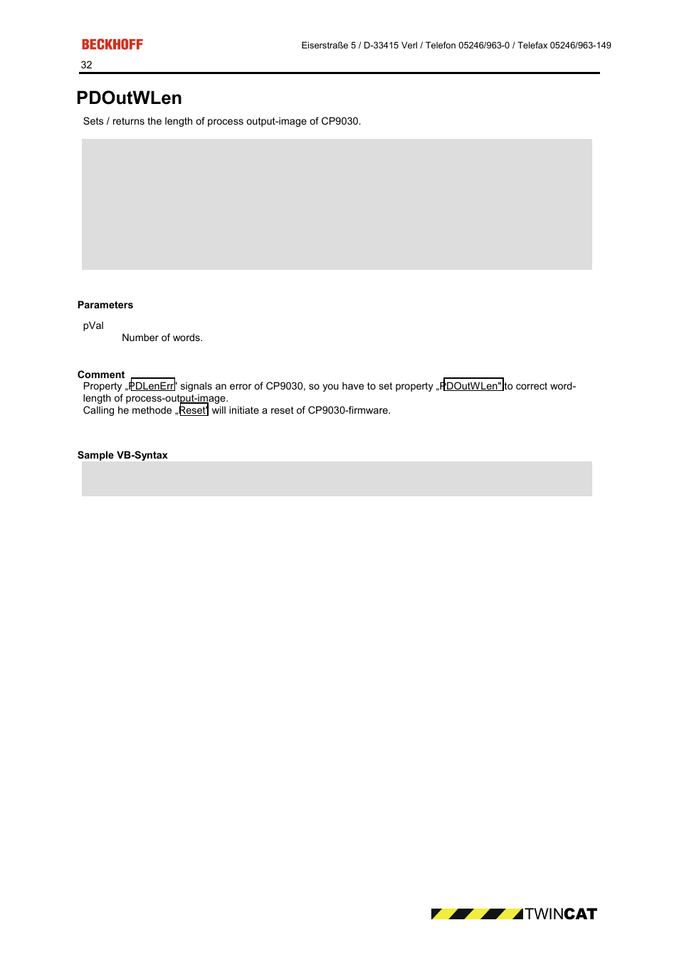 Parameters, Comment, Sample vb-syntax | Pdoutwlen, Twin cat | BECKHOFF CP9090-S100 User Manual | Page 32 / 45