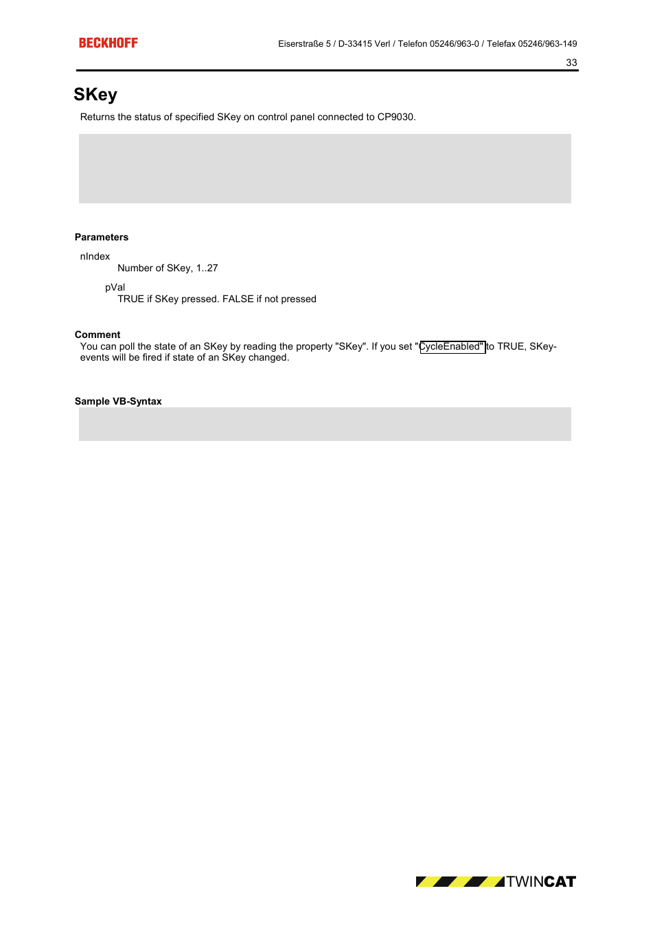 Parameters, Comment, Sample vb-syntax | Skey, Twin cat | BECKHOFF CP9090-S100 User Manual | Page 33 / 45