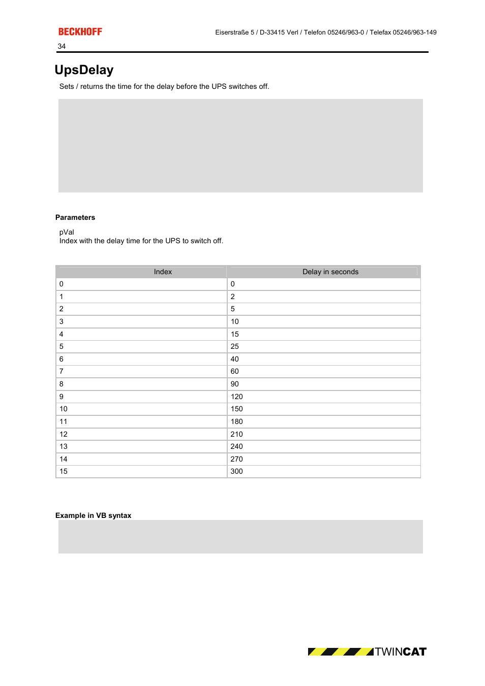 Parameters, Example in vb syntax, Upsdelay | Twin cat | BECKHOFF CP9090-S100 User Manual | Page 34 / 45