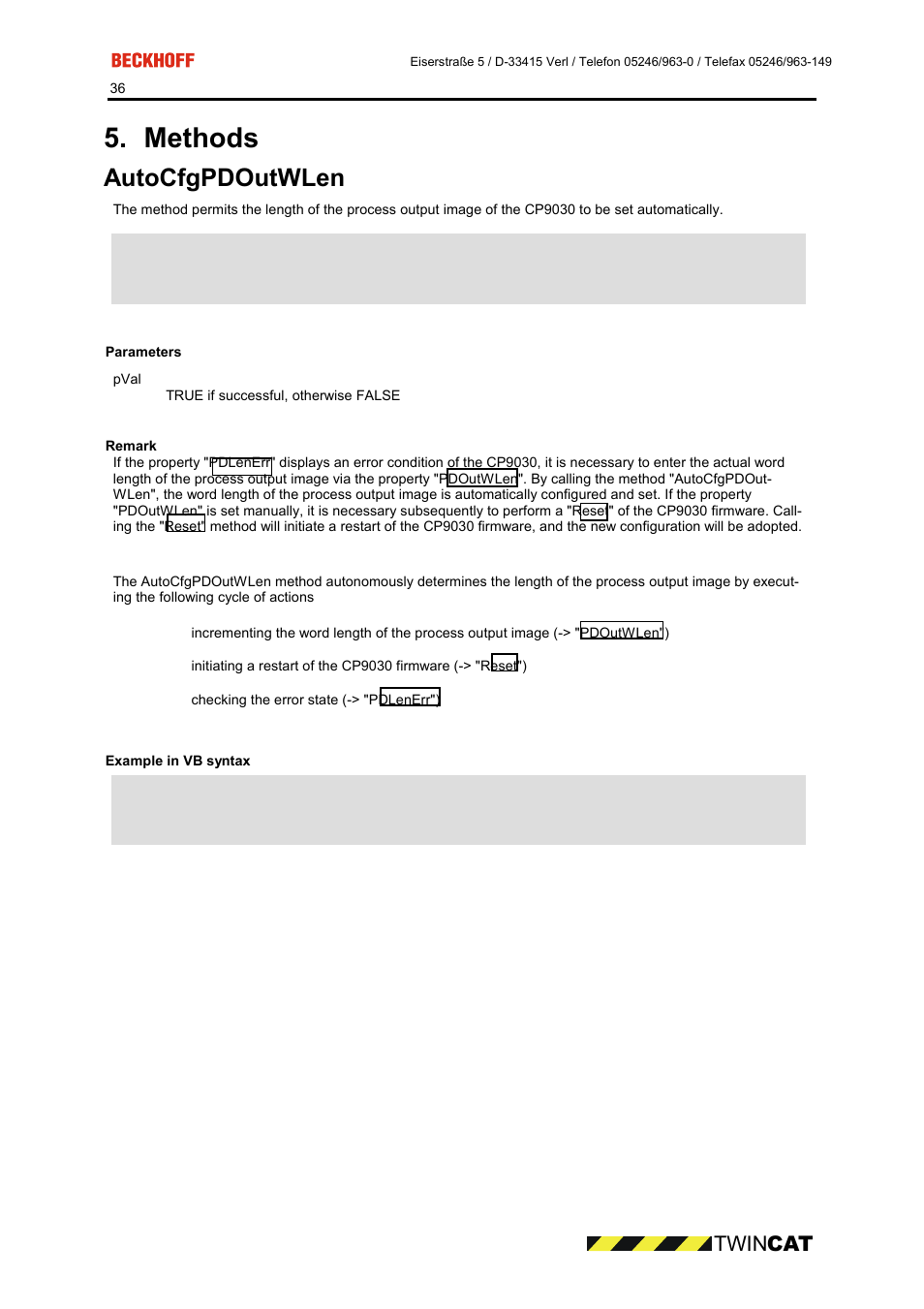 Parameters, Remark, Example in vb syntax | Enwlen 36, Methods, Autocfgpdoutwlen, Twin cat | BECKHOFF CP9090-S100 User Manual | Page 36 / 45