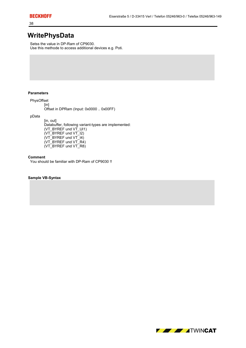 Parameters, Comment, Sample vb-syntax | Writephysdata, Twin cat | BECKHOFF CP9090-S100 User Manual | Page 38 / 45