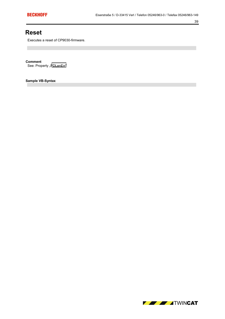 Comment, Sample vb-syntax, Reset | Twin cat | BECKHOFF CP9090-S100 User Manual | Page 39 / 45