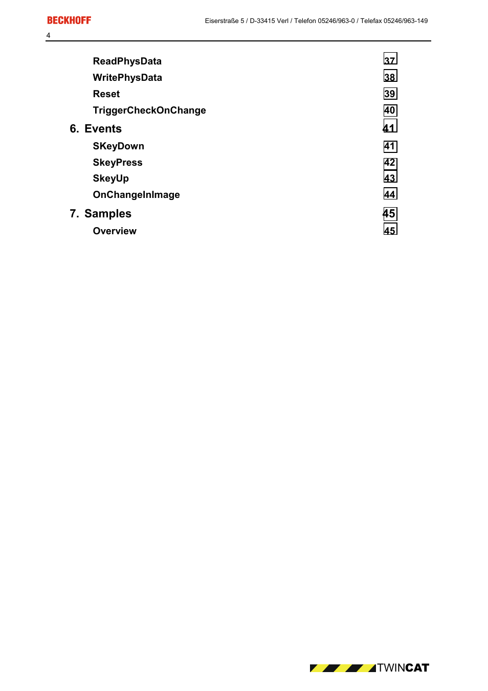 Events 41, Samples 45, Twin cat | BECKHOFF CP9090-S100 User Manual | Page 4 / 45
