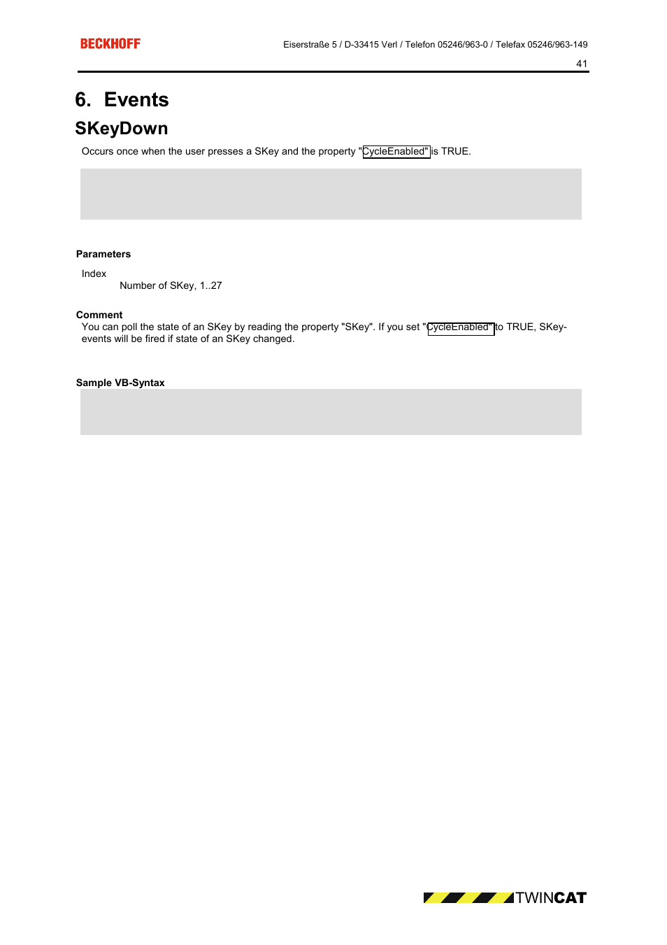 Parameters, Comment, Sample vb-syntax | Events, Skeydown, Twin cat | BECKHOFF CP9090-S100 User Manual | Page 41 / 45