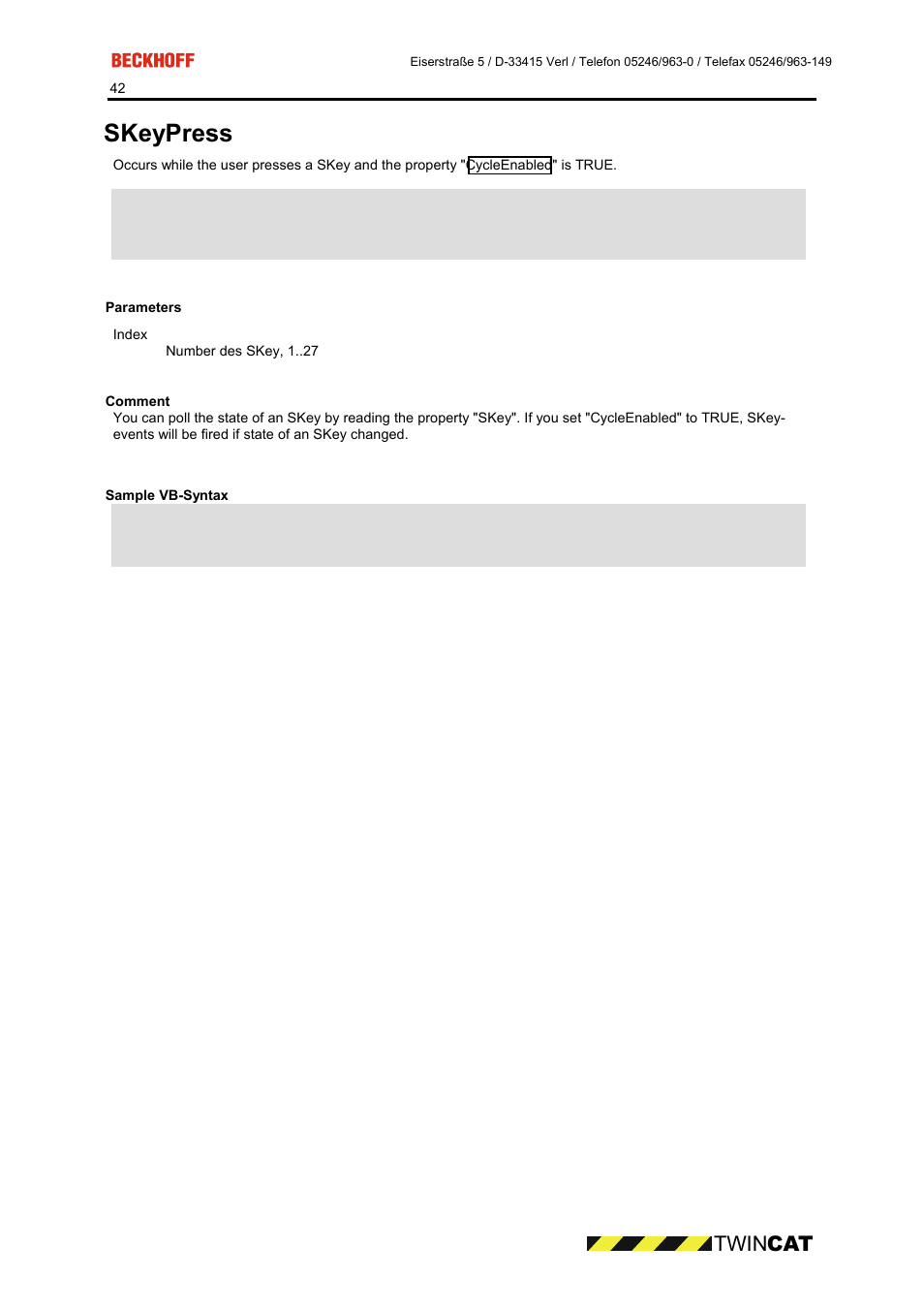 Parameters, Comment, Sample vb-syntax | Skeypress, Twin cat | BECKHOFF CP9090-S100 User Manual | Page 42 / 45