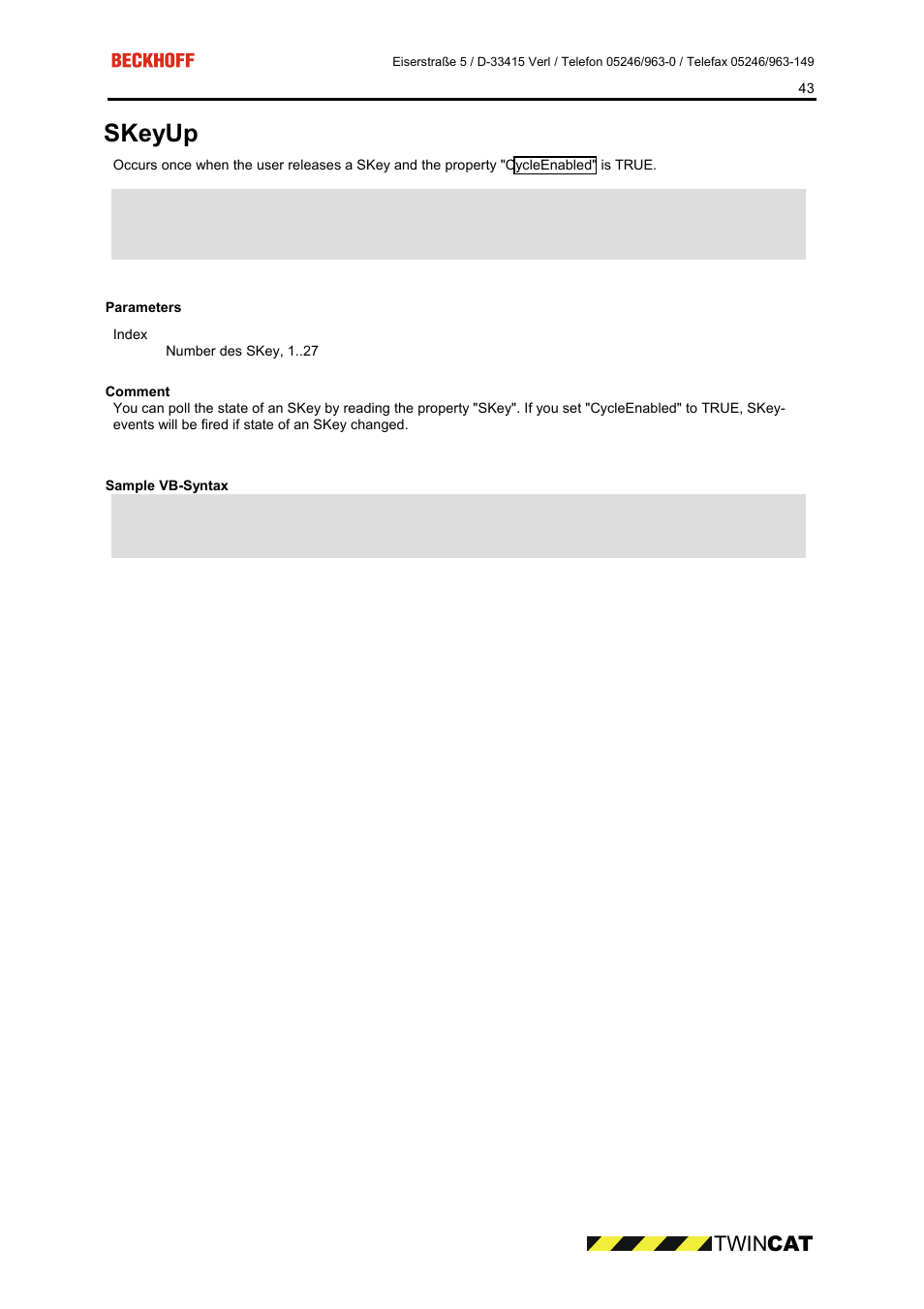 Parameters, Comment, Sample vb-syntax | Skeyup, Twin cat | BECKHOFF CP9090-S100 User Manual | Page 43 / 45