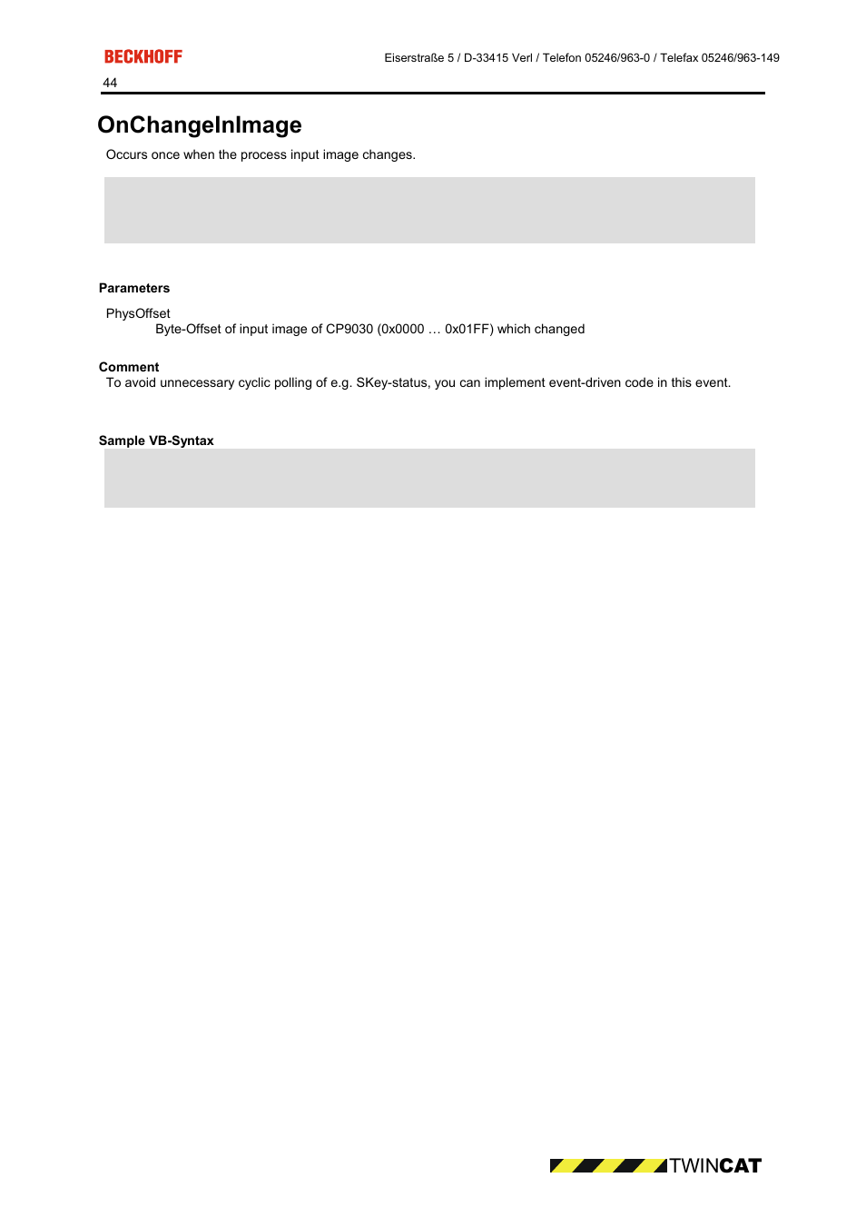 Parameters, Comment, Sample vb-syntax | Onchangeinimage, Twin cat | BECKHOFF CP9090-S100 User Manual | Page 44 / 45