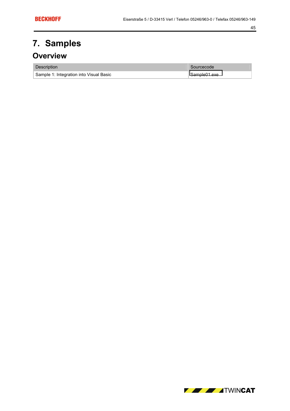 Samples, Overview, Twin cat | BECKHOFF CP9090-S100 User Manual | Page 45 / 45