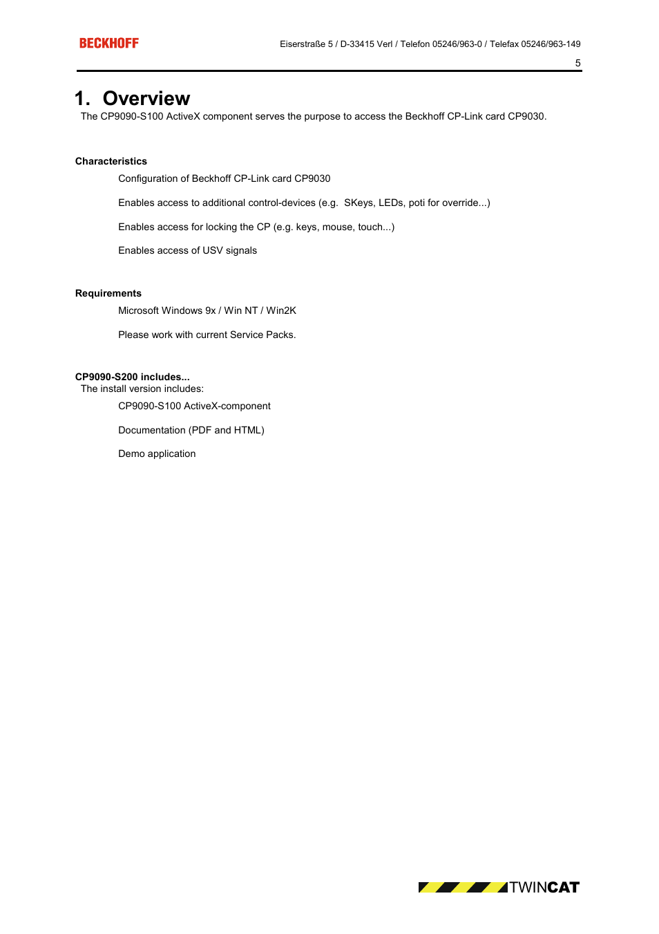 Characteristics, Requirements, Cp9090-s200 includes | Overview, Twin cat | BECKHOFF CP9090-S100 User Manual | Page 5 / 45