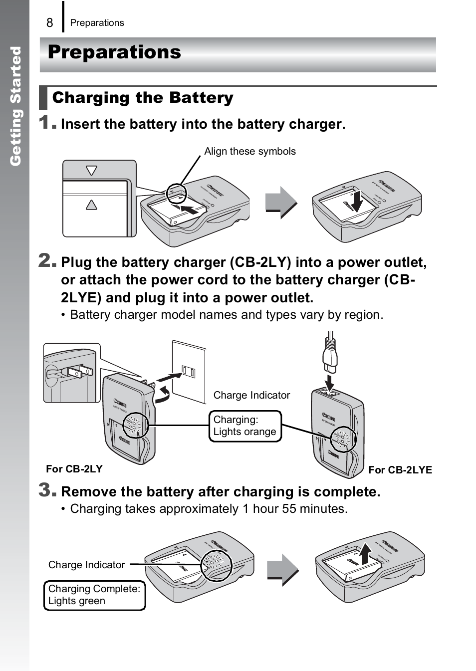 Preparations, Charging the battery, Preparations 1 | Canon IXUS 85 IS User Manual | Page 10 / 224