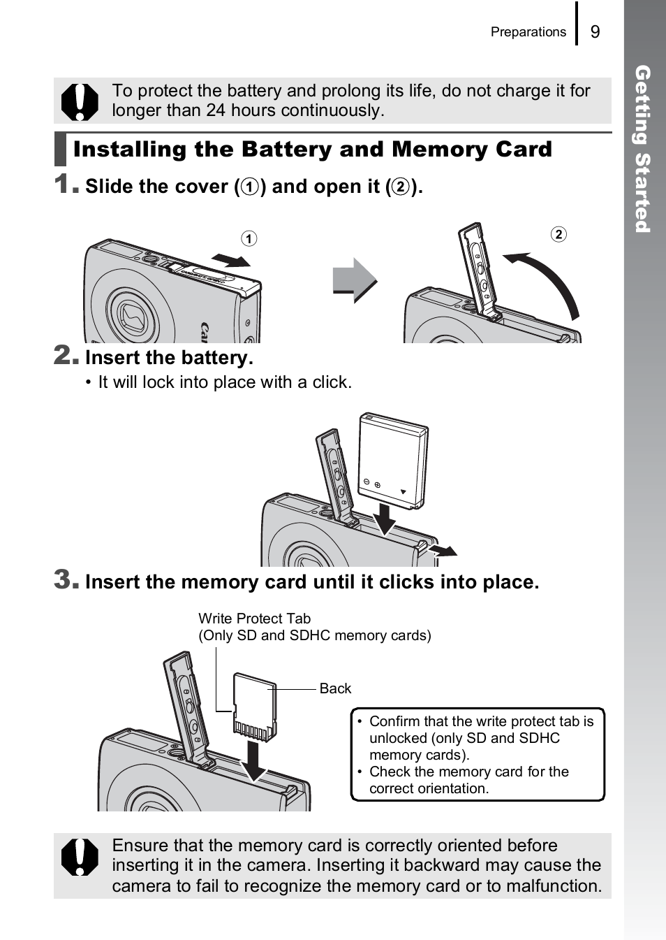 Installing the battery and memory card | Canon IXUS 85 IS User Manual | Page 11 / 224