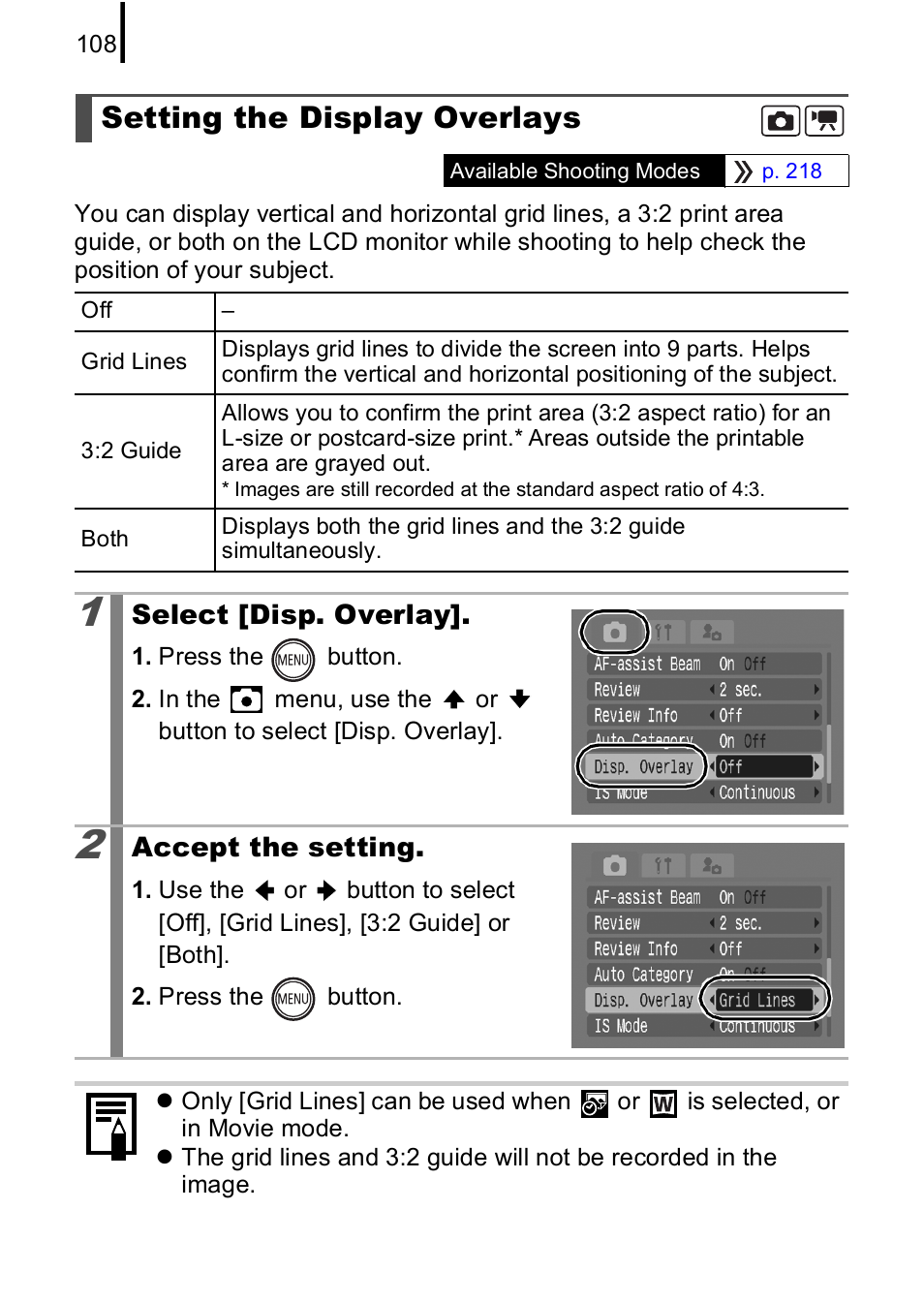 Setting the display overlays, P. 108 | Canon IXUS 85 IS User Manual | Page 110 / 224